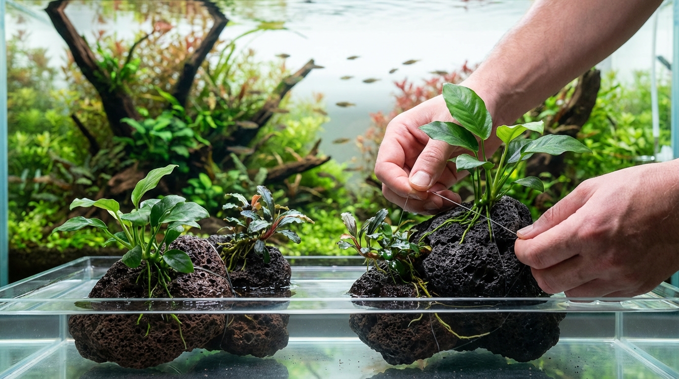 溶岩石に水草を活着させる方法