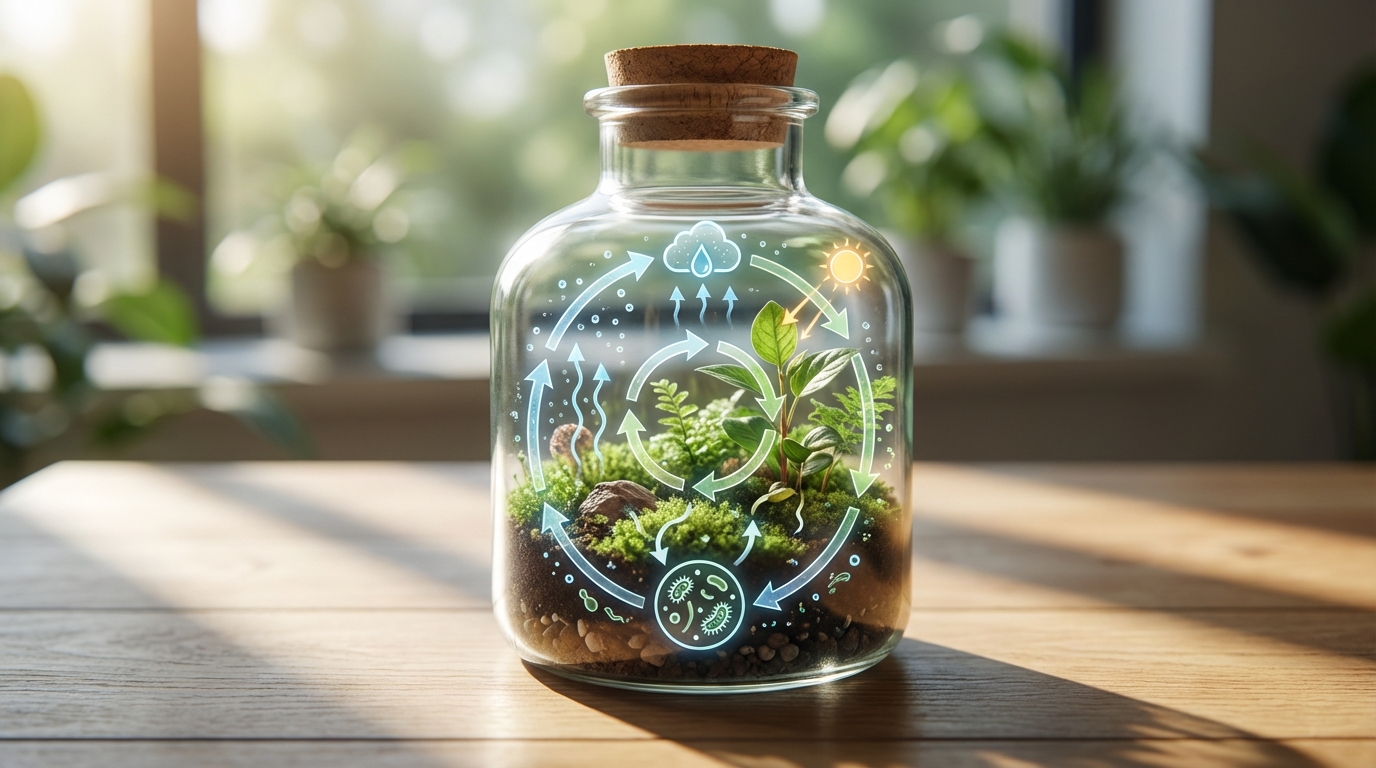 放置できる仕組み|ボトル内の生態系サイクルを図解